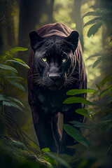 Wall Mural - Wunderschöner schwarzer panther läuft durch einen Dschungel - Ai generiert