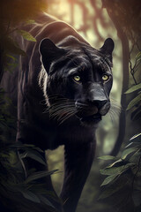 Wall Mural - Wunderschöner schwarzer panther läuft durch einen Dschungel - Ai generiert