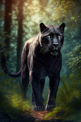 Wall Mural - Wunderschöner schwarzer panther läuft durch einen Dschungel - Ai generiert