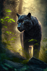 Wall Mural - Wunderschöner schwarzer panther läuft durch einen Dschungel - Ai generiert