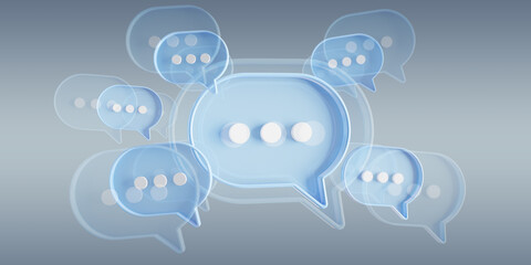 Wall Mural - Minimalist blue and white speech bubbles talk icons floating over grey background. Modern conversation or social media messages with shadow. 3D rendering