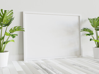 Wall Mural - White frame leaning on floor in interior mockup. Template of a picture framed on a wall 3D rendering