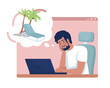 Dreaming about vacation 2D vector isolated illustration. Frustrated office worker daydreaming flat character on cartoon background. Colorful editable scene for mobile, website, presentation