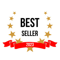 Wall Mural - best seller emblem, badge with wreath of gold stars, 2023 text on red ribbon for winner