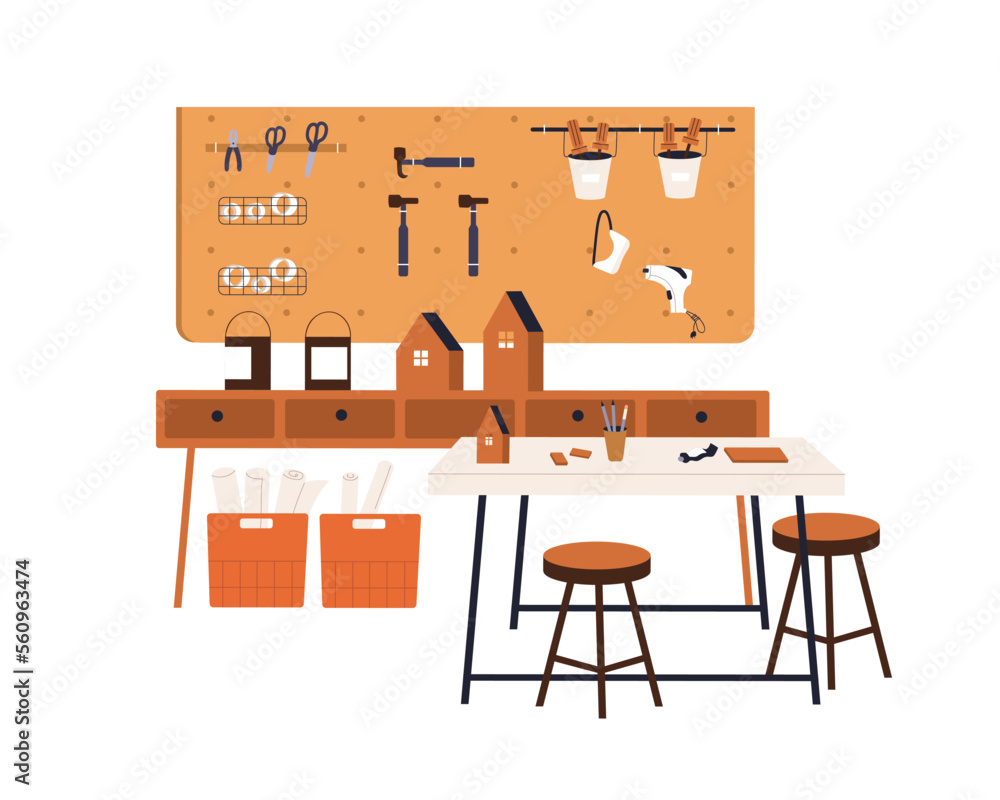 Crafts classroom, woodwork studio. School carpentry workshop with wood works, supplies, tools. Empty class room interior for joinery study. Flat vector illustration isolated on white background
