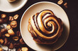 Leinwandbild Motiv Top view of delicious cinnamon bun on plate as dessert illustration (Generative AI)