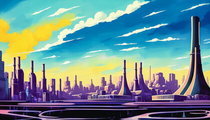 A abstract representation of a nuclear power plant stands in contrast to the futuristic cityscape in the background. A variety of colors and bold brushstrokes convey a sense of energy and movement. Ge