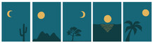 Collection Of Simple Modern Abstractions Of Night Landscapes: Hills, Moon, Cactus, Palm Tree, Ocean, Tree On A Colored Dark Background
