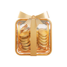 Glass Gift Box With Coins 3d Rendering Illustration