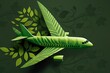 Sustainable Aviation Fuel. Airplane, fresh green leaves on green background. Green Biofuel for aviation