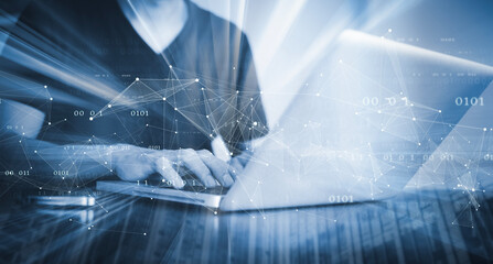 Wall Mural - businessman hand touch with code html and programming on screen laptop,programmer development comput