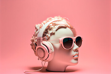 Wall Mural - Gypsum statue head in sunglasses and earphone on a pink background illustration