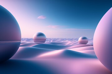 Wall Mural - Reflective gleaming giant glass balls lying in the desert, their pink hue glimmering in the sun. Surrealism.