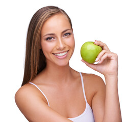 Canvas Print - Apple, wellness and portrait of woman on a white background for healthy lifestyle, cosmetics and wellbeing. Diet, healthcare and face of girl with fruit for organic products, vitamins and nutrition