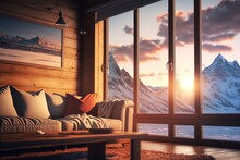 Mountains View Chalet Cabin Cosy Window. Wooden Cozy Hygge Interior With Winter Lanscape. 

