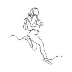 continuous single one line drawing art of college campus happy student woman jumping with bag backpack. vector illustration