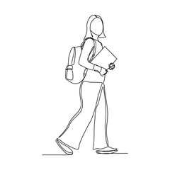 Wall Mural - Continuous single one line drawing art of college campus student woman with bag backpack and books. Vector illustration