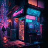 Fototapeta Big Ben - A cyber cafe in a night city with neon