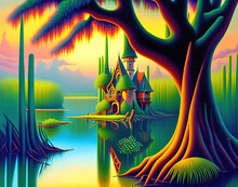 A Charming Little Cottage With Pointed Green Spires On An Island In A Lake Seen Past A Tree With Sawgrass Hanging From The Branches. Generative AI Fantasy Illustration.