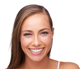 Canvas Print - Beauty, cosmetic and portrait of a woman in a studio with a makeup, face or natural routine. Skincare, cosmetics and happy female model from Brazil with a skin treatment isolated by white background.