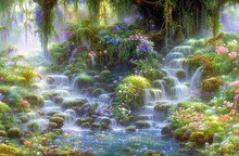 Beautiful Fantasy Misty Jungle River Waterfall With Flowers, Mossy Boulders And Trees Growing On The Bank. Generative AI Art Painting Style Illustration.