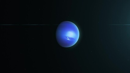Wall Mural - Blue Neptune Planet Rotating In The Dark With Ring And Sun Revealed. animation, zoom-out