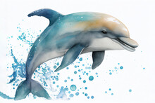 Dolphin Watercolour Sketch Of The Marine Animal Leaping And Jumping From The Ocean Surface Of The Sea And Is An Intelligent Social Creature, Computer Generative AI Stock Illustration Image