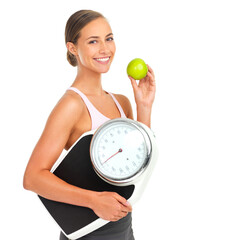 Canvas Print - Health, fitness and woman with scale and apple for nutrition, weight loss and body care portrait isolated on white background. Food, exercise and wellness, weight and fruit, healthy diet motivation