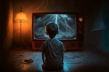 A Boy Watching An Vintage Tv, Digital Painting Style Made With Generative AI.