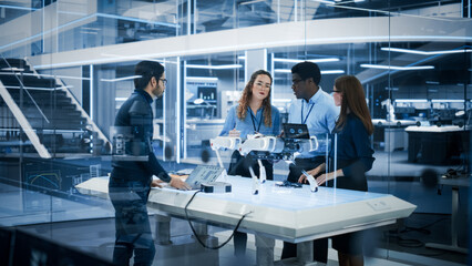 Aufkleber - Diverse Multiethnic Team of Industrial Robotics Engineers Gathered Around a Table With a Robot Dog. Scientists Use Laptop Computer to Research, Develop and Program the Four-Legged Robot.