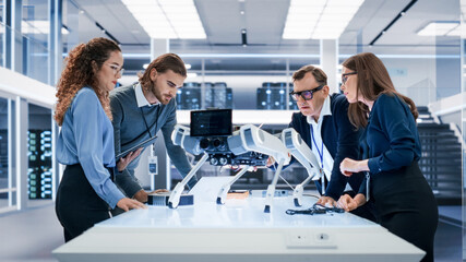 Leinwandbilder - Portrait of a Young Team of Multicultural Engineers Use Computers, Insert a Circuit Board, Analyze and Discuss How a Futuristic Robot Dog Works. High Tech Research Laboratory with Modern Equipment.