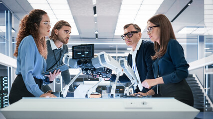 Aufkleber - Professional International Team of Female and Male Engineers Use Industrial Programmable Robot Dog in a Factory Development Workshop. Tech Facility with Machines, Computers and Research Equipment.