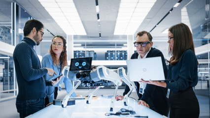 Aufkleber - Robotics Engineer, Project Manager and Machinery Operators Collaborate on a Robot Machine Project, Standing with Laptop Computer in Scientific Technology Lab. Young Team Developing an AI Robotic Dog.