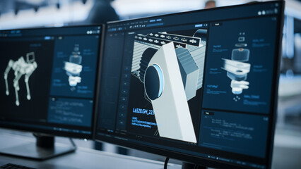 Close Up of a Computer Monitor Display with 3D CAD Software with High Mobility Robot Dog Project. Focus Switches to Research and Development Facility with Engineers Working on a Robot.