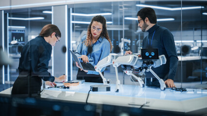 Aufkleber - Young Team of Smart Diverse Multicultural Engineers Building and Developing a Robot Dog Concept. High Tech Research Factory with Talented Professional Employees.