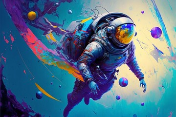a surreal art piece depicting a floating astronaut surrounded by vibrant and bold colors of blue and