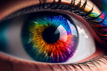 Female Eye With Colorful Pupil. Close Up Of Rainbow Eye. Created With Generative Ai