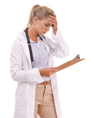 Stress, problem and doctor reading a report, healthcare chart or lab results on a studio background. Mistake, check and woman with medical charts anxiety, research and survey on a white background