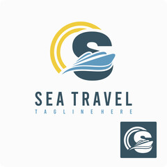 Wall Mural - Initial S Letter with Ship Marine, Wave and Sun Icon for Travel Holiday Agency Business Logo Idea Template