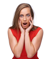 Wall Mural - Woman, portrait and shocked or surprise with wow or open mouth reaction while isolated on white background. Face of female with omg emoji for fake news, sale announcement or gossip in studio