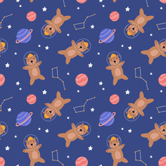 Wall Mural - Seamless childish pattern with astronaut brown bears, planet, stars and constellation. Creative scandinavian kids texture for fabric, wrapping, textile, wallpaper, apparel.