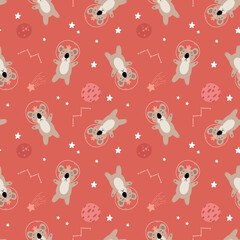 Wall Mural - Seamless childish pattern with astronaut koala, planet, stars and constellation. Creative scandinavian kids texture for fabric, wrapping, textile, wallpaper, apparel.