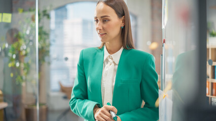Poster - Female CEO Does Presentation for Diverse Team Members, Brainstorming on a Meeting. Smiling Chief Strategist Motivating Colleagues, Showing Corporate Growth Charts on Whiteboard.