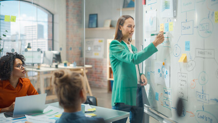 Poster - Female CEO Holding a Conference in a Meeting Room, Explaining EDI Concepts to Employees Using a Whiteboard. Smiling Woman in Casual Smart Clothes Using Charts, Statistics, Mindmapping