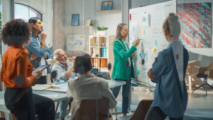 Poster - Modern Creative Agency Meeting: Confident Black Female Engineer Uses Whiteboard, Makes Report to a Group of Engineers, Managers Talks, and Shows Statistics, Growth and Analysis Information