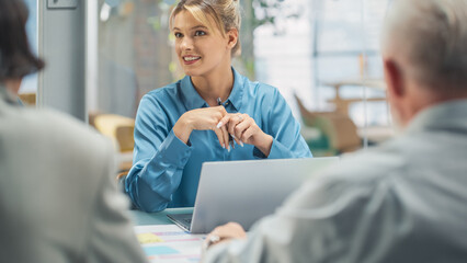 Poster - Office Conference Meeting: Female Company CTO Strategist Doing Presentation to Diverse Team of Multi-Ethnic Professional Businesspeople, Explaining Marketing Strategy, Data Analysis