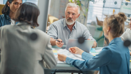 Poster - Office Conference Room Meeting: Male Senior Chief Executive Talking to a Diverse Team of Professional Businesspeople. Creative People Listen to CEO Discuss Design, Data Analysis, Marketing Plan