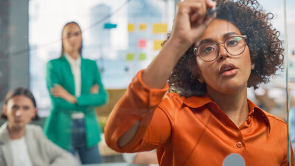 Poster - Portrait of Black Female Manager Writing on Glass Board and Brainstorming with Team in a Stylish Meeting Room in Creative Office. Team of Multi-Ethnic Professionals Focused on a Presentation