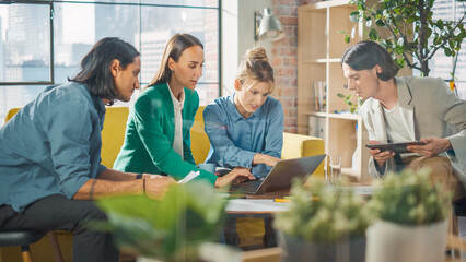 Modern Multi-Ethnic Architectural Agency Office Meeting. Group of Professional Architects, Designers Discussing Design Sustainable, Energy Efficient Housing Project, Using Laptop Tablet, Statistics