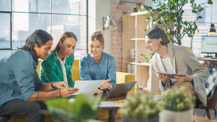 Leinwandbilder - In the Stylish Modern Office Meeting Room: Diverse Group of Business Growth Marketing Professionals Use Laptop and Tablet, Discuss Project Ideas, Brainstorm Company Strategies